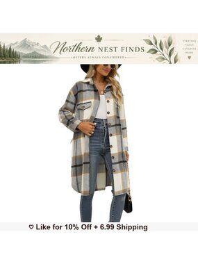 Wool Blend Flannel Plaid Shacket Button Down Midi Oversized Jacket